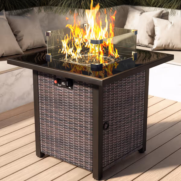 28" Rattan Square Fire Pit Table